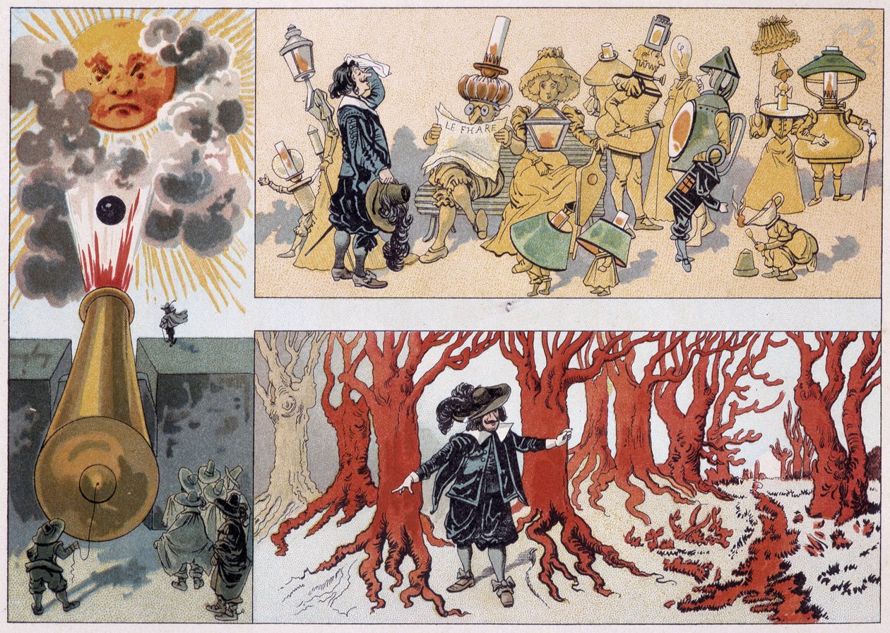 Ilustracja Cyrano de Bergerac w jego powieści „Inny świat” autorstwa French School