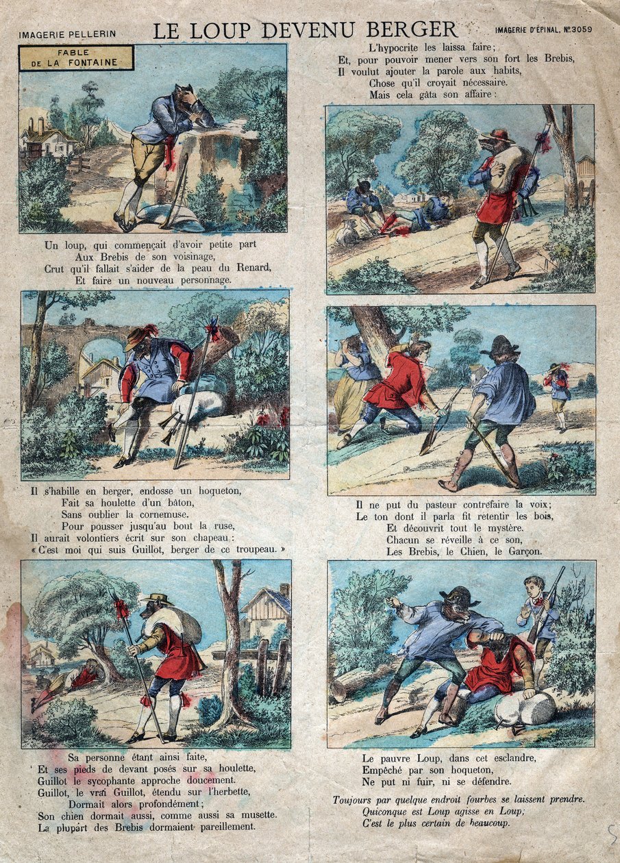 Ilustracja do bajki Jeana de la Fontaine (1621-1695): wilk został pasterzem. Obrazowanie epinal z końca XIX wieku. autorstwa French School