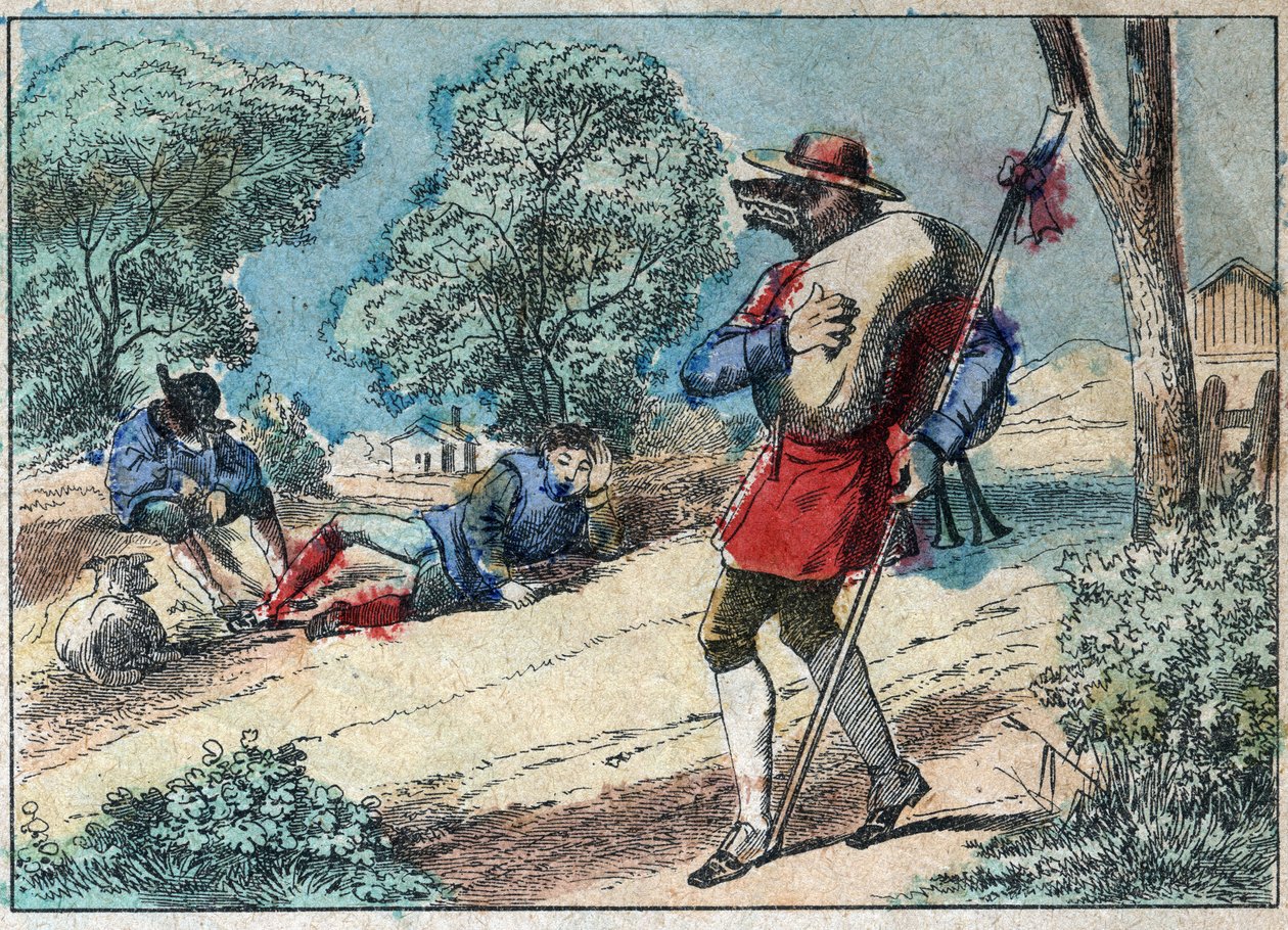 Ilustracja do bajki Jeana de la Fontaine (1621-1695): wilk został pasterzem. Obrazowanie epinal z końca XIX wieku. autorstwa French School