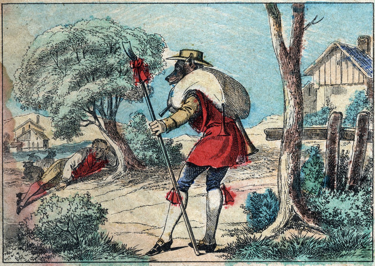 Ilustracja do bajki Jeana de la Fontaine (1621-1695): wilk został pasterzem. Obrazowanie epinal z końca XIX wieku. autorstwa French School