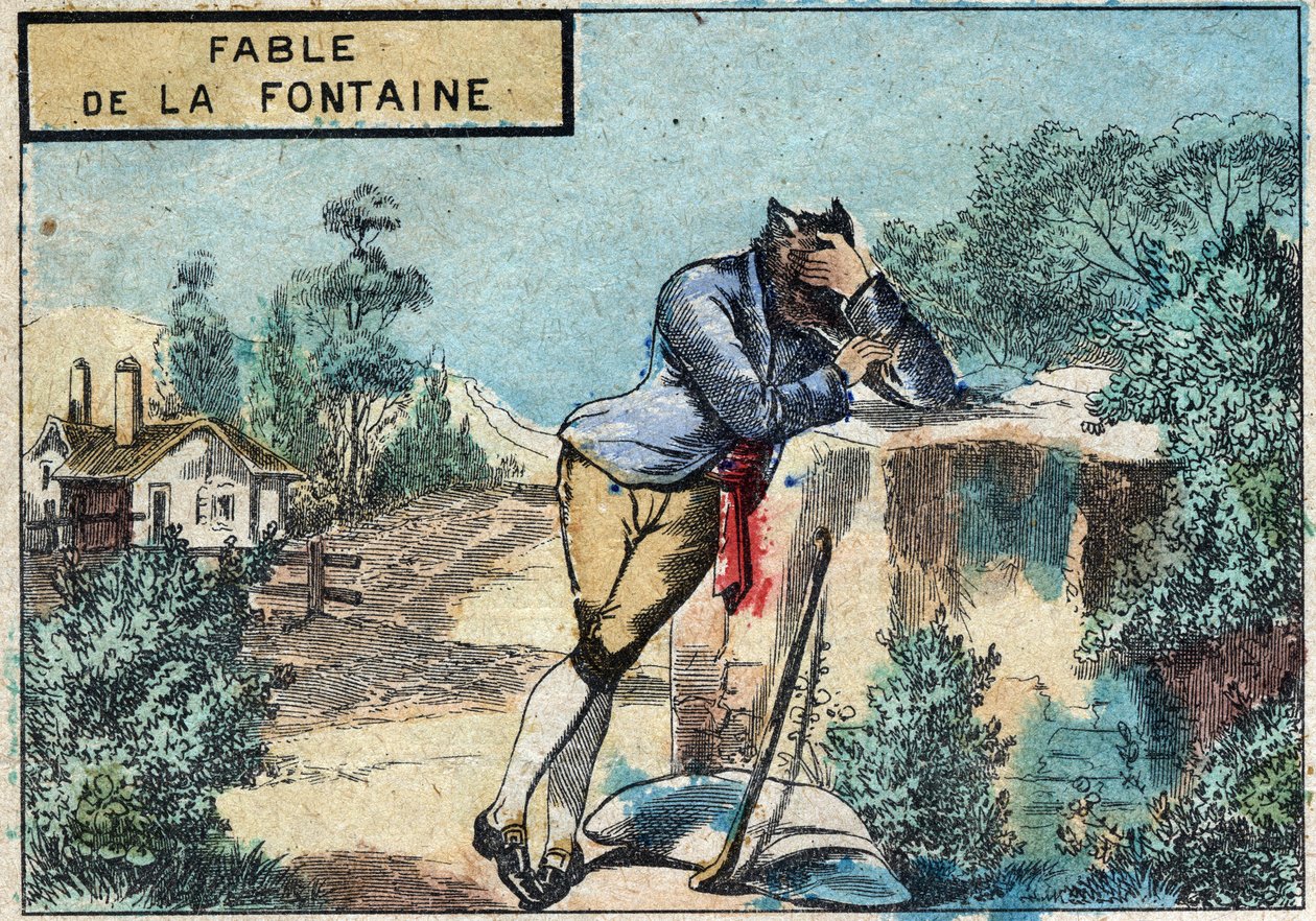 Ilustracja do bajki Jeana de la Fontaine (1621-1695): wilk został pasterzem. Obrazowanie epinal z końca XIX wieku. autorstwa French School