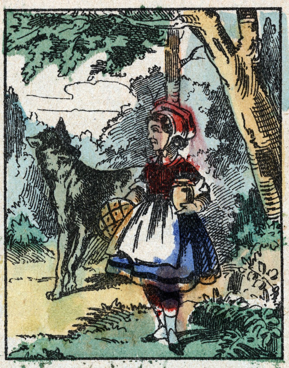 Ilustracja do bajki „Czerwony Kapturek” autorstwa Charlesa Perraulta. Drzeworyt firmy Imaging Pellerin - Epinal, sd. Koniec XIX wieku. autorstwa French School