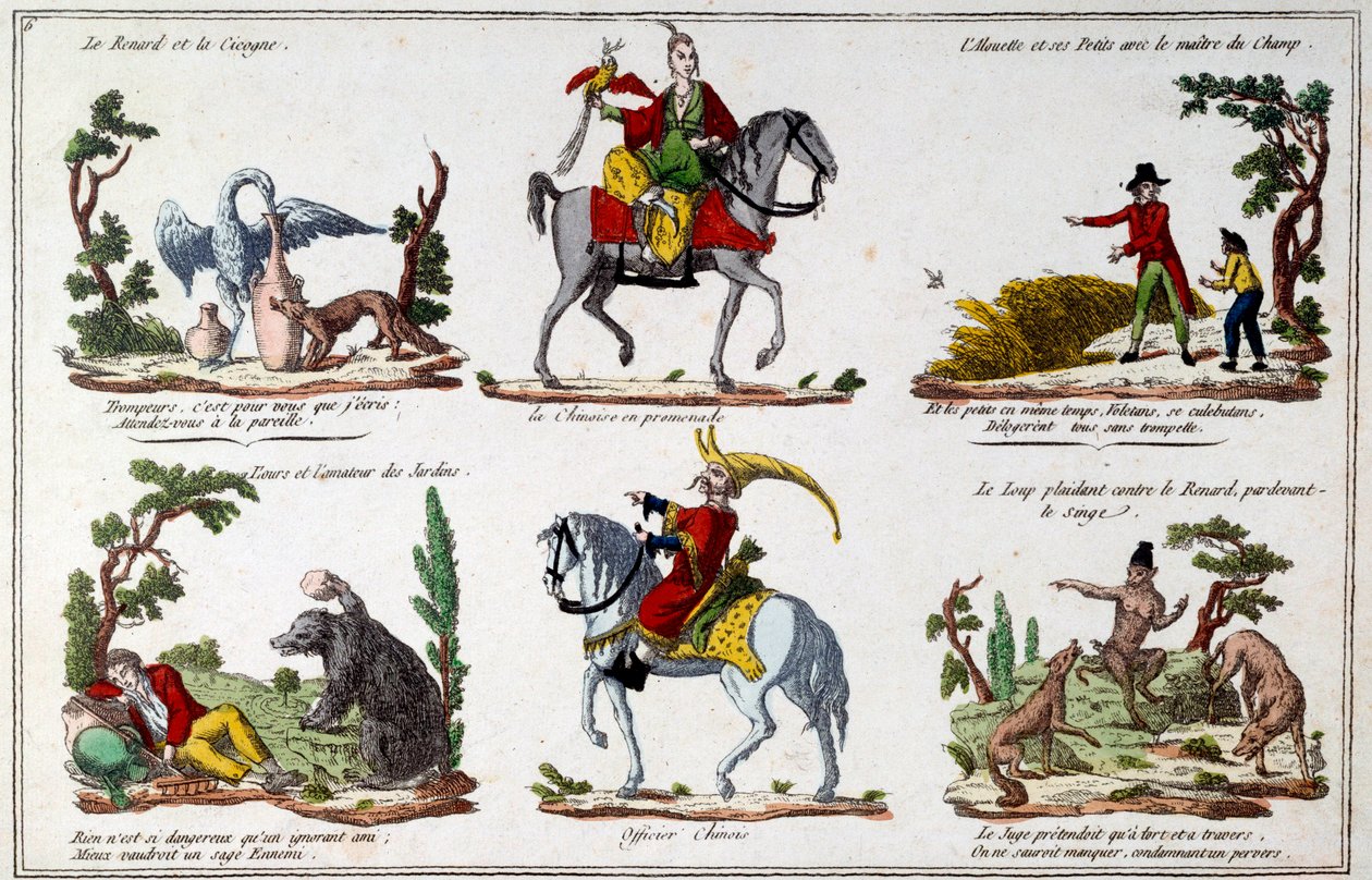 Tablica ilustracyjna do bajek autorstwa Jeana de La Fontaine (1621-1695): Lis i Bocian, Chińczyk spacerujący, Niedźwiedź i miłośnik ogrodu, Chiński oficer. Rytownictwo autorstwa French School