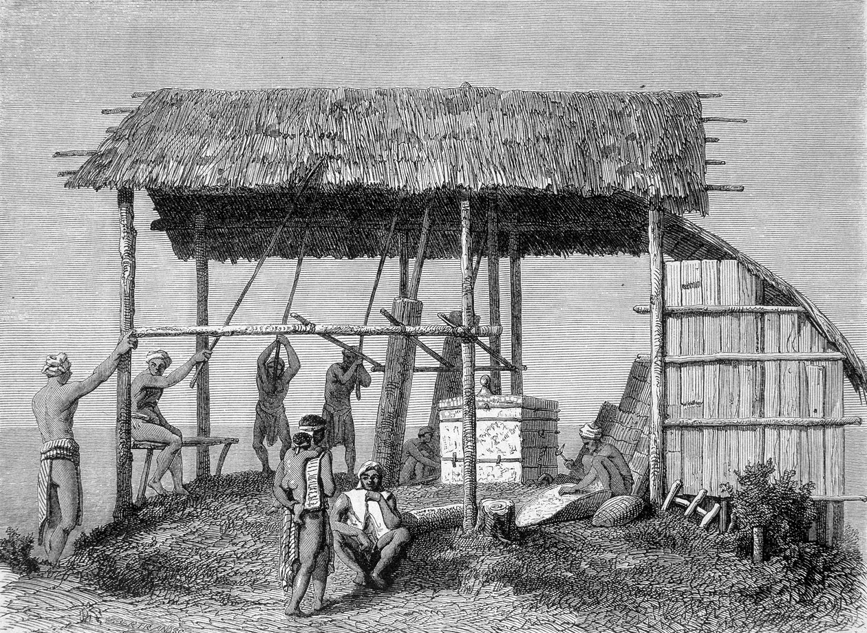 Ilustracja opublikowana w wydaniu „Le Tour du monde” z 1862 r. przedstawiająca kowala w dajakach na wyspie Borneo. Rytownictwo. autorstwa French School
