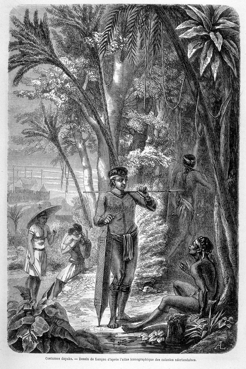 Ilustracja opublikowana w wydaniu "Le Tour du monde" z 1862 roku, przedstawiająca Dayaka zamieszkującego wyspę Borneo. Rycina. autorstwa French School