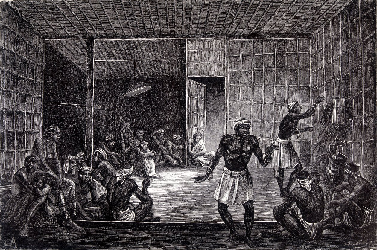 Ilustracja opublikowana w wydaniu „Le Tour du monde” z 1862 r. przedstawiająca sesję egzorcyzmów praktykowanych przez dajaków na wyspie Borneo. Rytownictwo. autorstwa French School