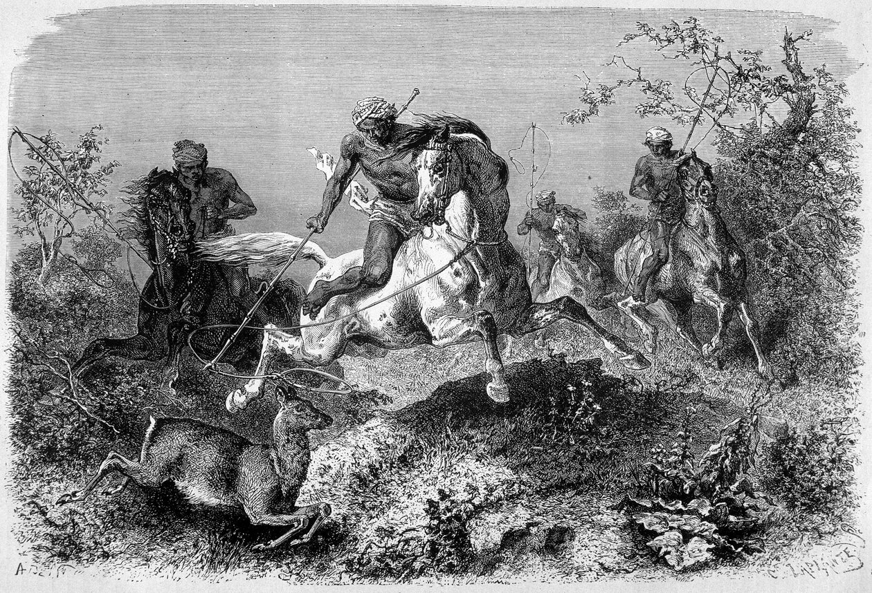 Ilustracja opublikowana w wydaniu „Le Tour du monde” z lat 1870 - 1871 przedstawiająca polowanie na daka na wyspie Borneo. Rytownictwo. autorstwa French School
