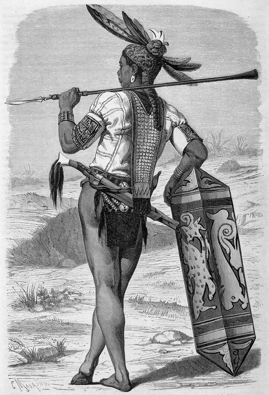 Ilustracja opublikowana w wydaniu „Le Tour du monde” z lat 1870 - 1871 przedstawiająca dajaka (rdzennego) na wyspie Borneo. Rytownictwo. autorstwa French School