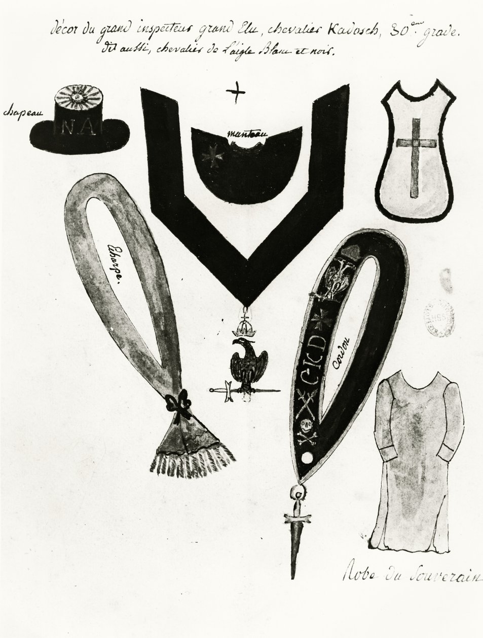 Ilustracje masońskich regaliów i stroju rycerza Kadosha, 30 stopnia, w szkockim rycie masonerii, 1813 (pióro, atrament i gwasz na papierze) autorstwa French School