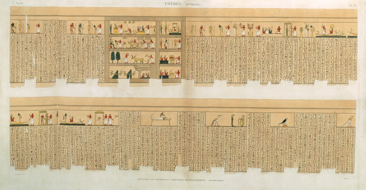 Ilustracje rękopisu Pampusa z hieroglifami, Hypogees, Teby, tablica 75 z tomu II "Opisów Egiptu", grawerowane przez Willemina, wyd. 1822 (akwatinta) autorstwa French School