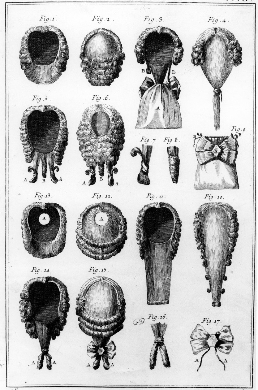 Ilustracje różnych modów perukarskich, tablica VII, t. 8, z Encyclopedie des Sciences et Metiers Diderota, wydana ok. 1770 r. autorstwa French School
