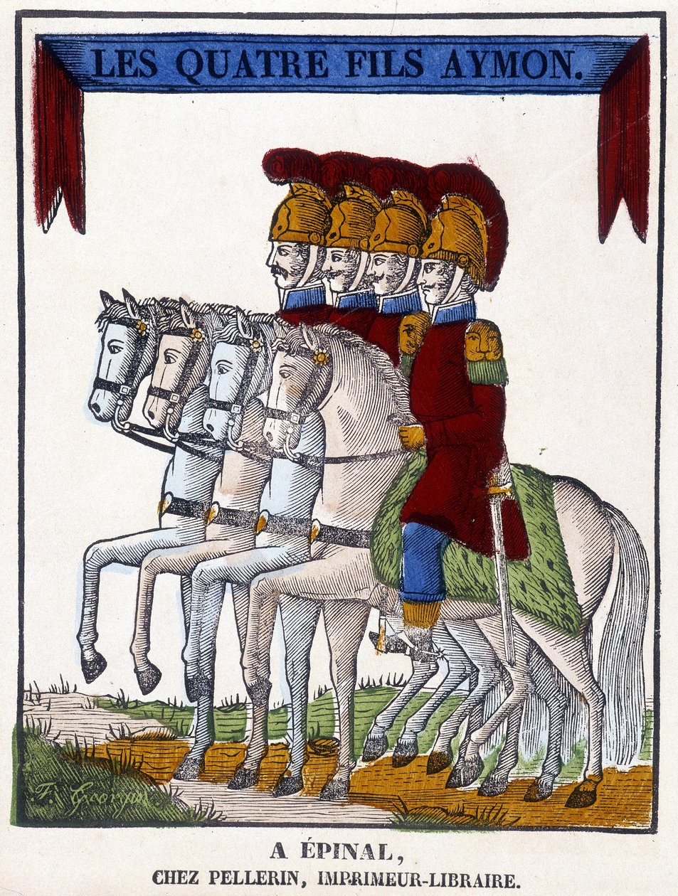 Wizerunek Epinal z 1825 r. przedstawiający „Czterech synów Aymona”, anonimowy poemat epicki z końca XIII wieku. autorstwa French School