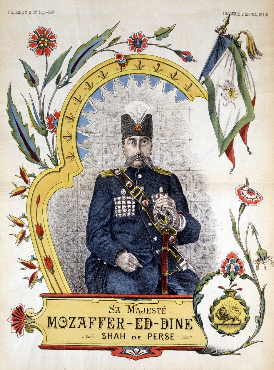 Obraz epinal, Mozaffer ed dine (Mozaffer-ed-dine, Mozaffar-al-Din, Mozaffar al Din, Mozafaredin) szacha Persji w latach 1896-1906. autorstwa French School