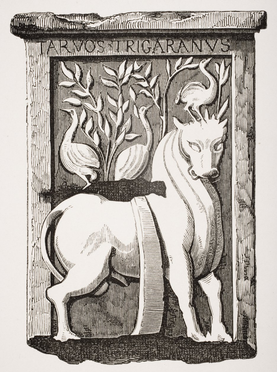 Obraz celtyckiego pomnika Świętego Wołu odnalezionego pod chórem katedry Notre Dame w Paryżu w 1711 r., z Le Moyen Age et La Renaissance autorstwa Paula Lacroix (1806-84) opublikowany w 1847 r. autorstwa French School