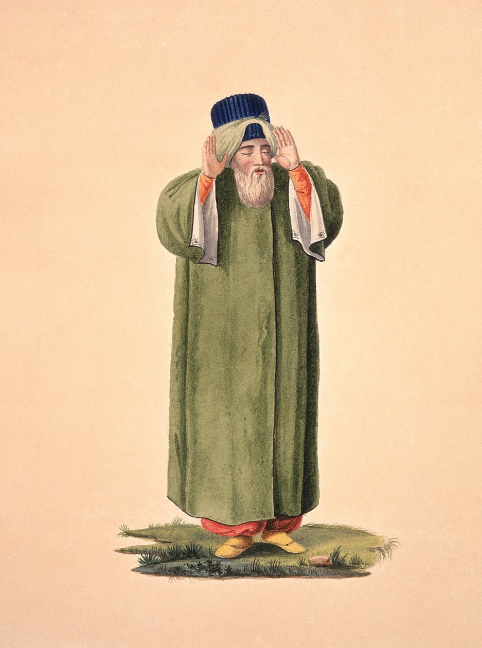 Imam wzywający do modlitwy, prawdopodobnie przez Cousinery, okres osmański, 3. ćw. XVIII w. (wc na papierze) autorstwa French School