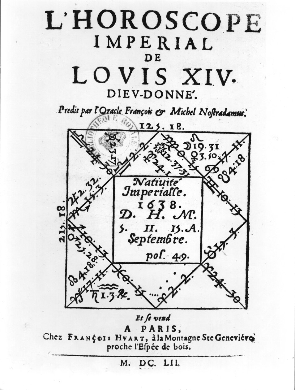 Horoskop cesarski Ludwika XIV (1638-1715) autorstwa Michela Nostradamusa (1503-66) opublikowany przez Francois Huart w Paryżu 1652 autorstwa French School