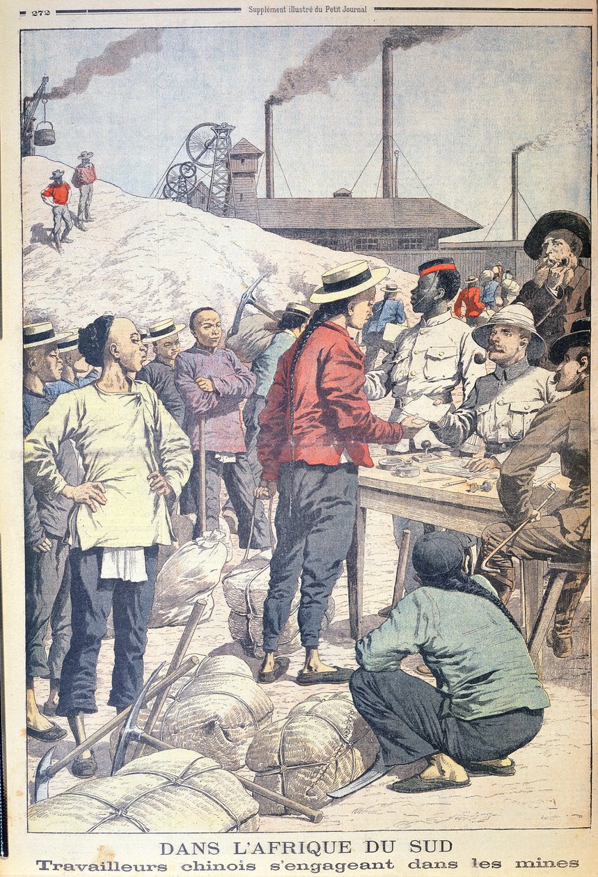Import chińskich robotników do pracy w kopalniach złota w Afryce Południowej w 1904 r., ilustracja z Le Petit Journal, 1904 autorstwa French School