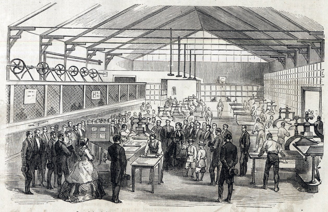 Impress Eugenie i Imperial Prince wizyta w Banque de France, 23 czerwca 1866 - druk banknotów - grawerowanie w Le MONDE Illustrous DU 07.07.1866 autorstwa French School