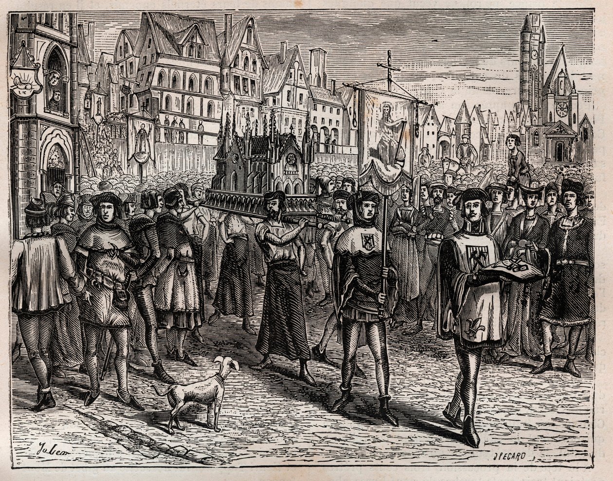 W 1318 r. wigilia Paryża wezwała duchowieństwo miasta do tłumaczenia relikwii Saint-Magloire - Procesja zaczęła opuszczać kościół Saint-Magloire przy rue Saint-Denis i udała się rue aux Ours, na cmentarz Saint-Nicolas-des-Cha autorstwa French School