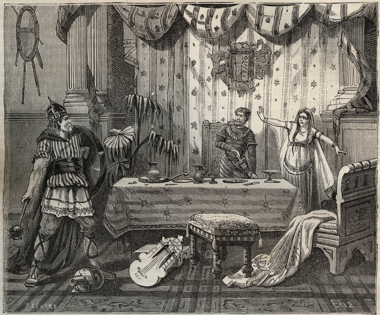 W 978 Lothaire (941-986), król franków (Lothair) wszedł do pałacu Ottona II Świętego Cesarstwa (955-983) i jego żony Theophano lub Theophanu lub Theophania Skleraina (655-991) w Akwizgranie, ale rodzina cesarska była w stanie schwytać. ilustracja ja autorstwa French School