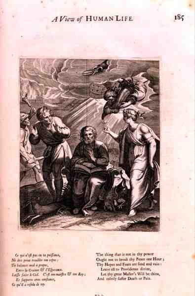 W obecności śmierci, ilustracja z wiersza „Widok na ludzkie życie”, z „Doktryny moralności” Marin Le Roy de Gomberville (1600-74) sztychowanej przez Dareta (rycina) autorstwa French School
