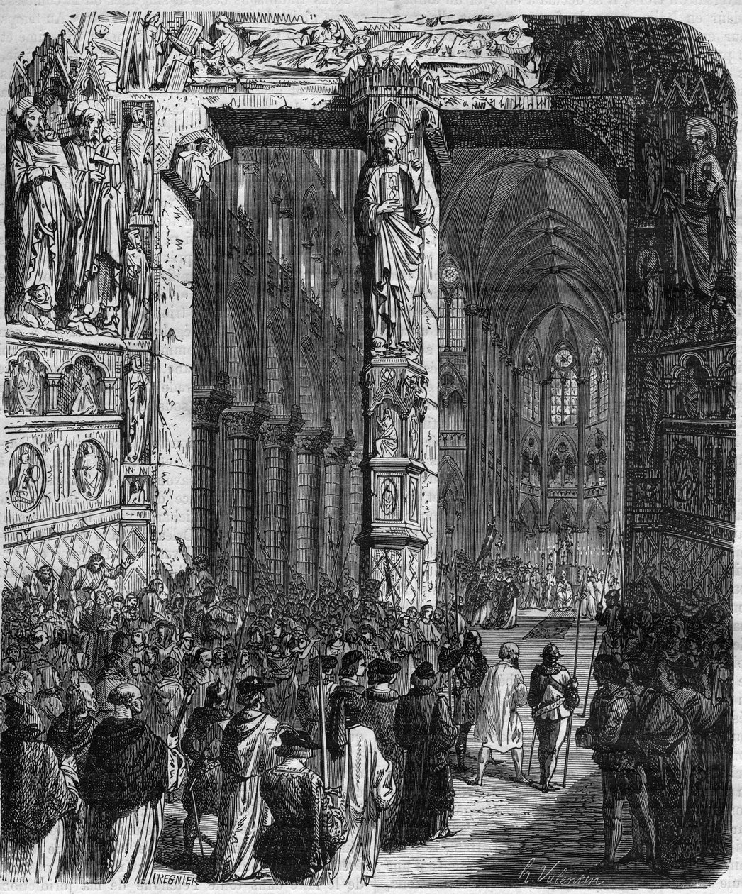 W Canossie cesarz Henryk IV Świętego Cesarstwa Rzymskiego (1050 - 1106) w stroju pokutnika błaga o przebaczenie papieża Grzegorza VII (Hildebrand: 1015/20 - 1085) dokonującego honorowych zadośćuczynienia. Zbrodnie królowej królowej i cesarzy na przestrzeni autorstwa French School