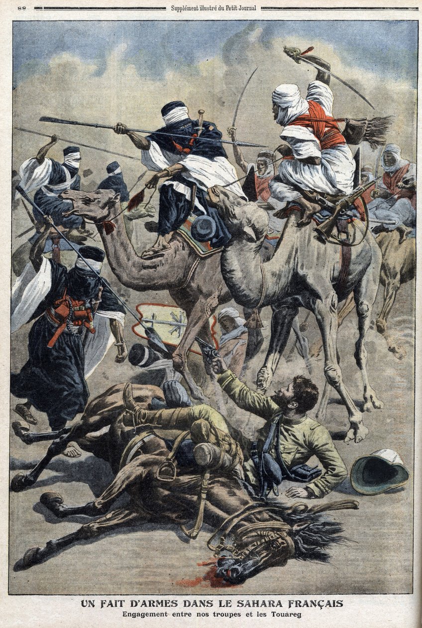 Po angielsku Sahara: walka pomiędzy francuskimi touaregami, ilustracja z gazety „Le Petit Journal” 17 marca autorstwa French School