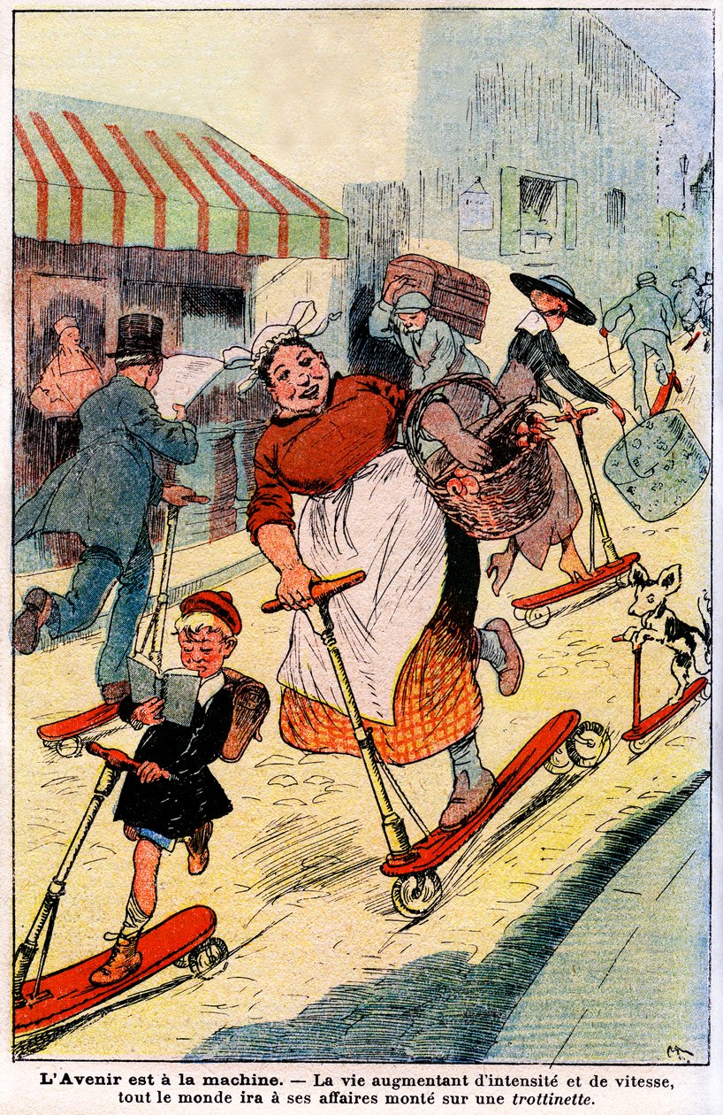 W przyszłości życie nabierze intensywności i szybkości, każdy trafi do swojego biznesu dostaje się na hulajnogę. 1919 (grawerowanie) autorstwa French School