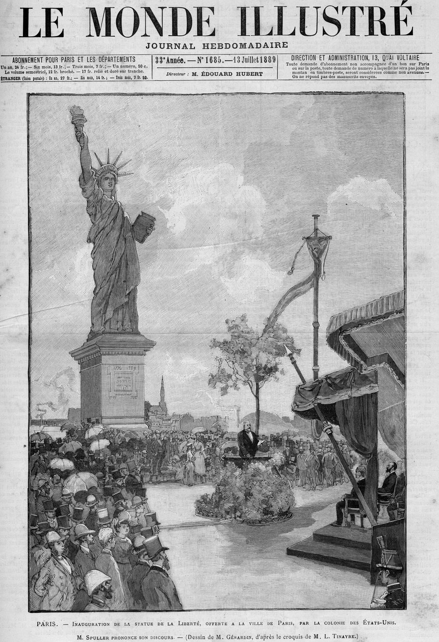 Inauguracja Statuy Wolności w Paryżu, 4 lipca 1889 r.: przemówienie Eugene Spullera (1835-1896), francuskiego ministra spraw zagranicznych. Statua została podarowana miastu Paryżowi przez społeczność amerykańską z okazji stulecia autorstwa French School