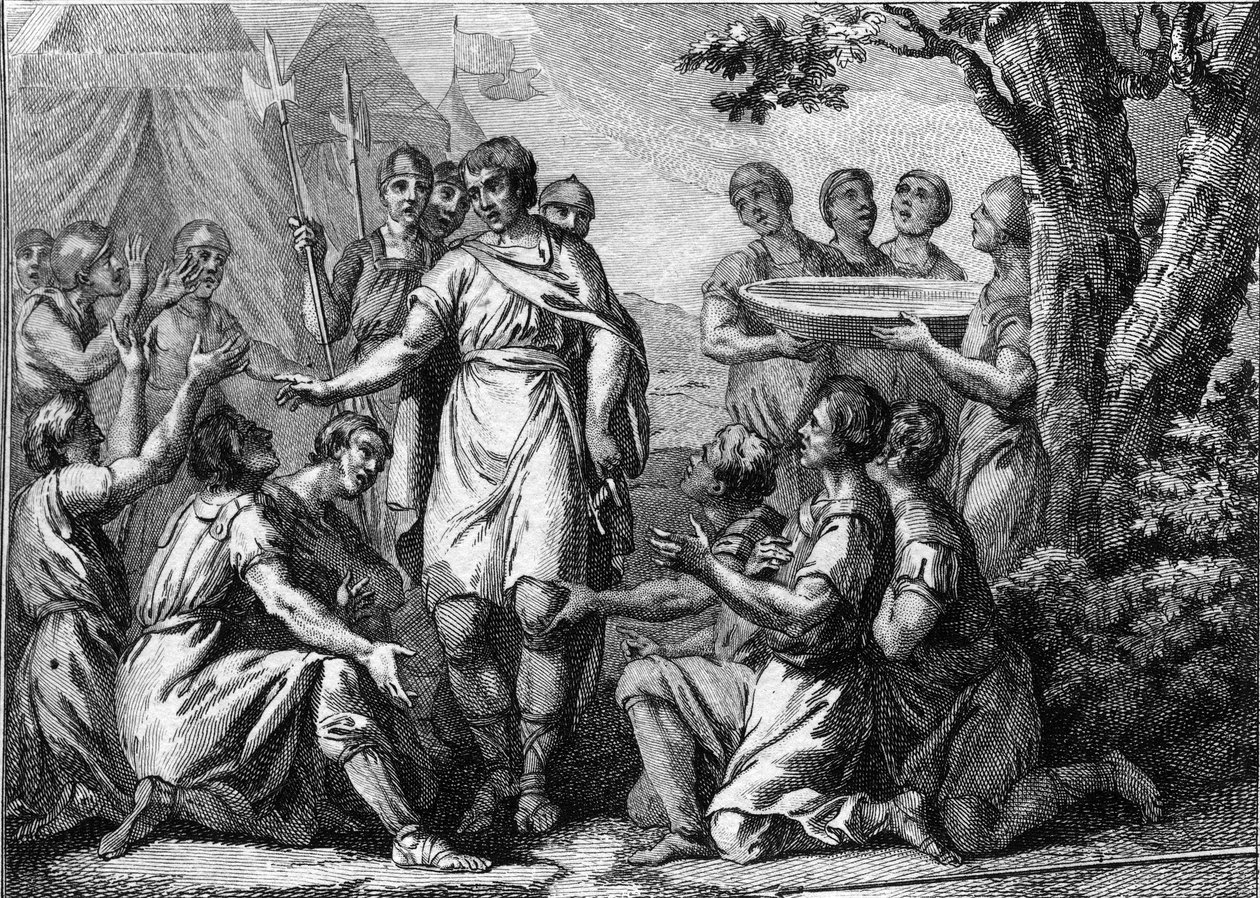 Inauguracja Faramonda (V wiek): sakralny król franków Faramond (lub Faramund lub Faramund lub Paramund). Rycina z XVIII wieku. autorstwa French School