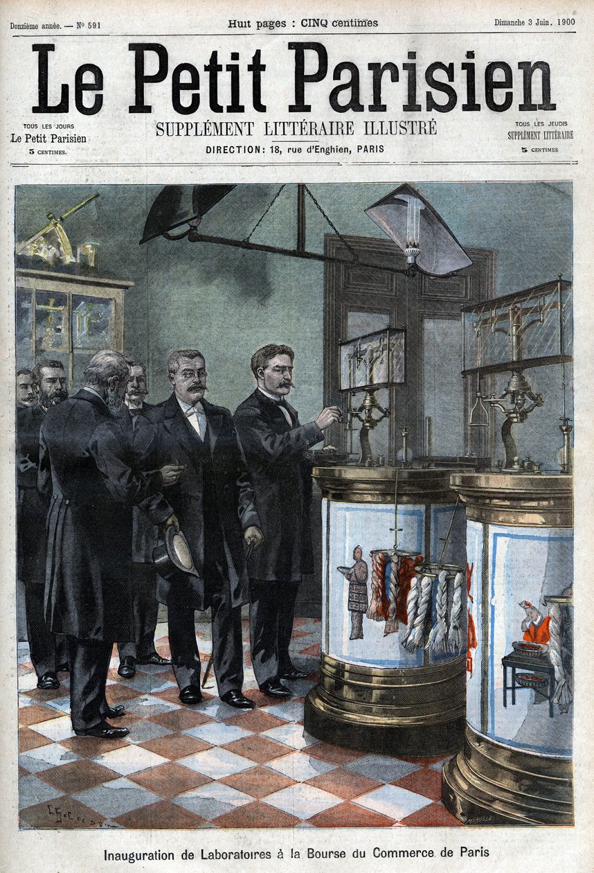 Inauguracja laboratoriów na giełdzie: pan Masson, prezes Izby Handlowej w Paryżu, przedstawia Ministrowi Handlu Millerandowi nowe pomieszczenia do kondycjonowania włosia i wełny oraz laboratorium do badania papieru. (Zważyć autorstwa French School