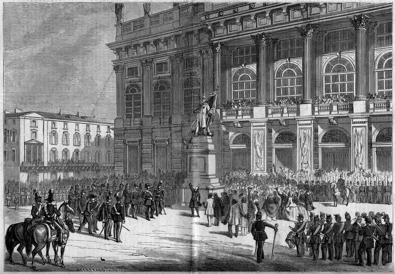 Inauguracja pomnika sardyńskiego autorstwa Vincenzo Vela (1820-1891) na placu zamkowym w Turynie (Włochy) 10 kwietnia 1859 r. Za pomnikiem znajduje się „Palazzo Madama”. Na podstawie szkiców pana Ferry