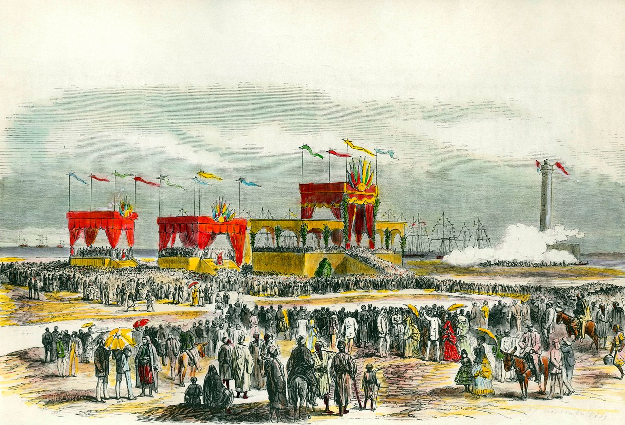Inauguracja Kanału Sueskiego w Egipcie w 1869 r.: w Port Saidzie śpiewa „Te deum”. Kanał powstał, aby połączyć Morze Czerwone z Morzem Śródziemnym. autorstwa French School