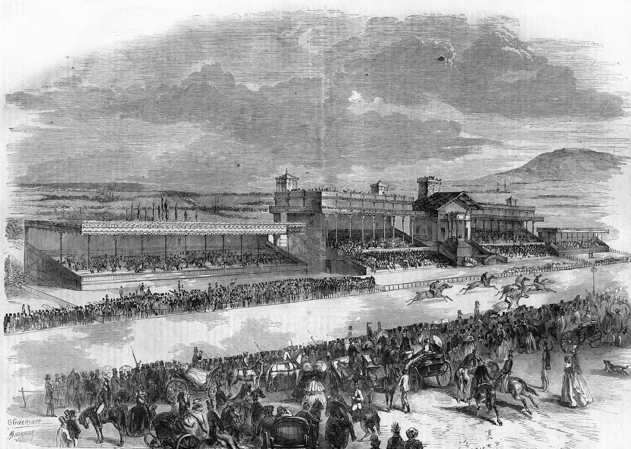 Inauguracja wyścigów konnych w Bois de Boulogne w 1857 roku. autorstwa French School