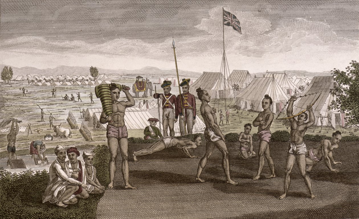 Indyjscy wojownicy ćwiczący z widokiem na obóz angielskich rezydentów, ok. 1810 r. autorstwa French School