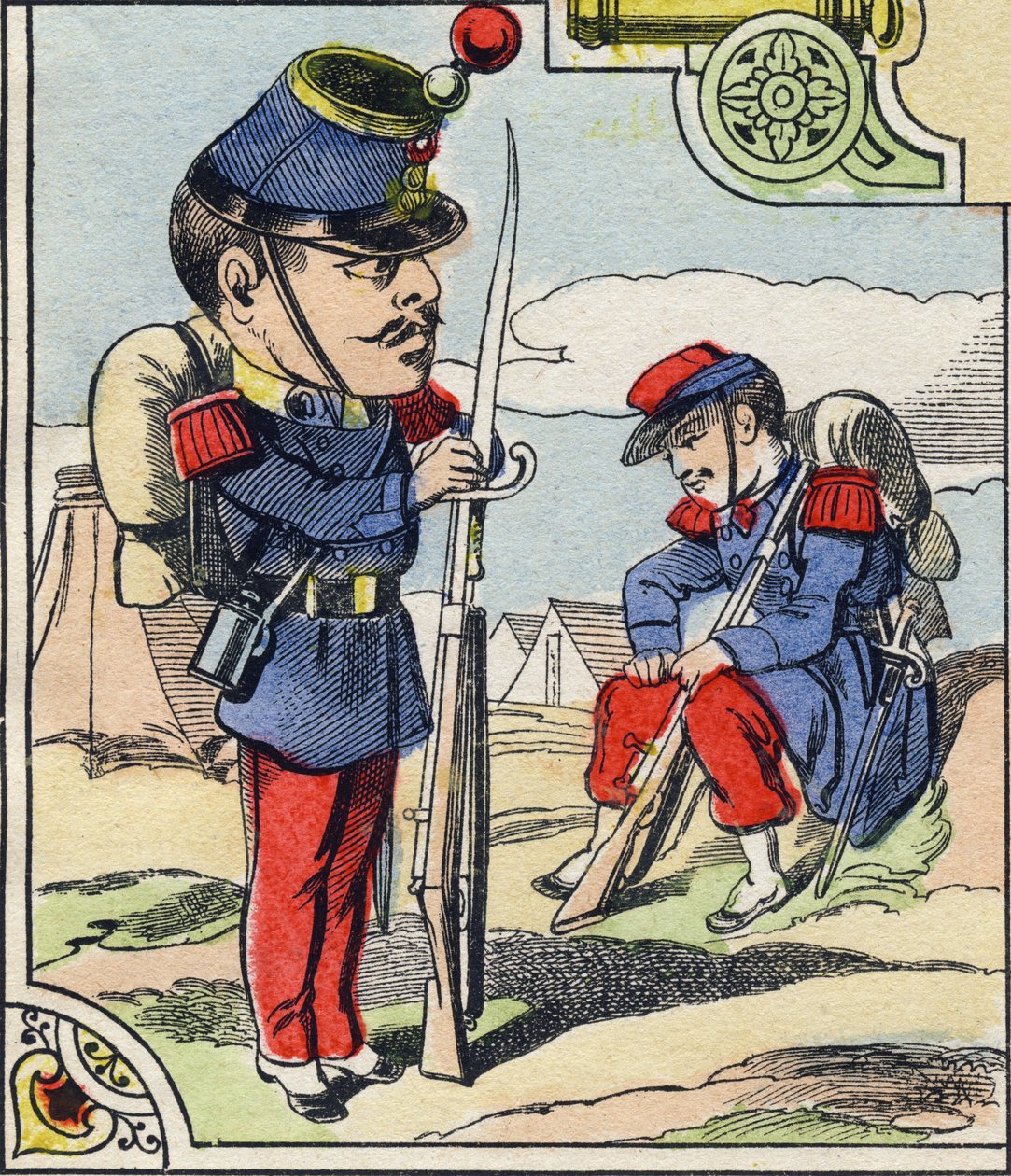 Linia piechoty. Grawerowanie w „Komiksowy alfabet wojskowy”. Piąta seria. Obrazowanie epinal. Pellerin i Cie, Drukarze, Epinal, koniec XIX wieku. 16 stron. Wymiary: 25x18,5cm autorstwa French School