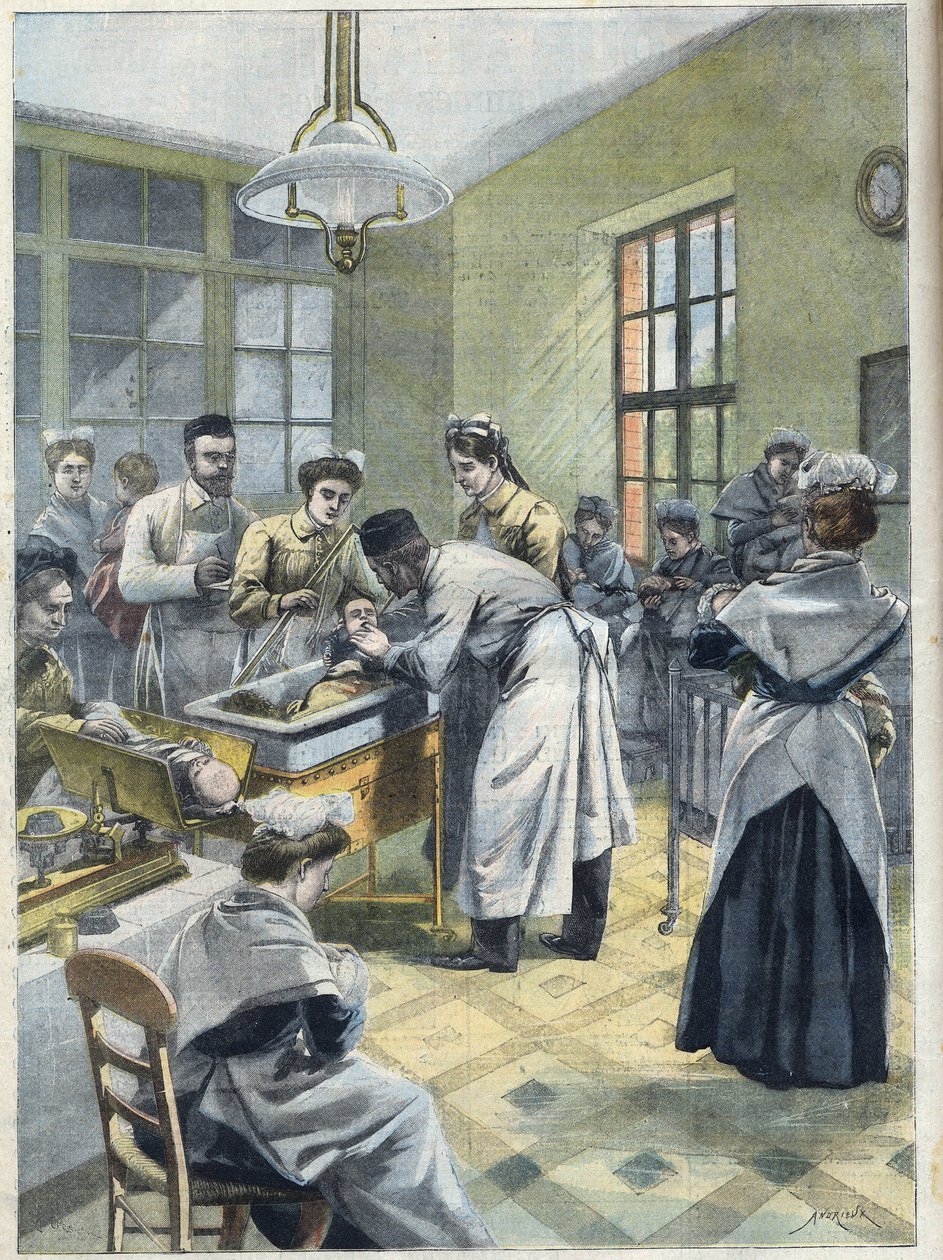 Niemowlęta w depot des Enfants Assistes rue Denfert Rochereau (Denfert-Rochereau) w Paryżu umieszczają się w inkubatorze. Lekarze i pielęgniarki opiekują się wcześniakami lub niedołężnymi dziećmi w „Le Petit Parisien” autorstwa French School