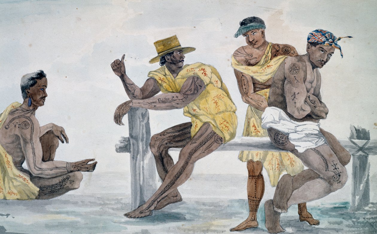 Mieszkańcy Tahiti, Wyspy Towarzystwa, akwarela Jules-Louis Lejeune, na podstawie Podróży dookoła świata autorstwa French School