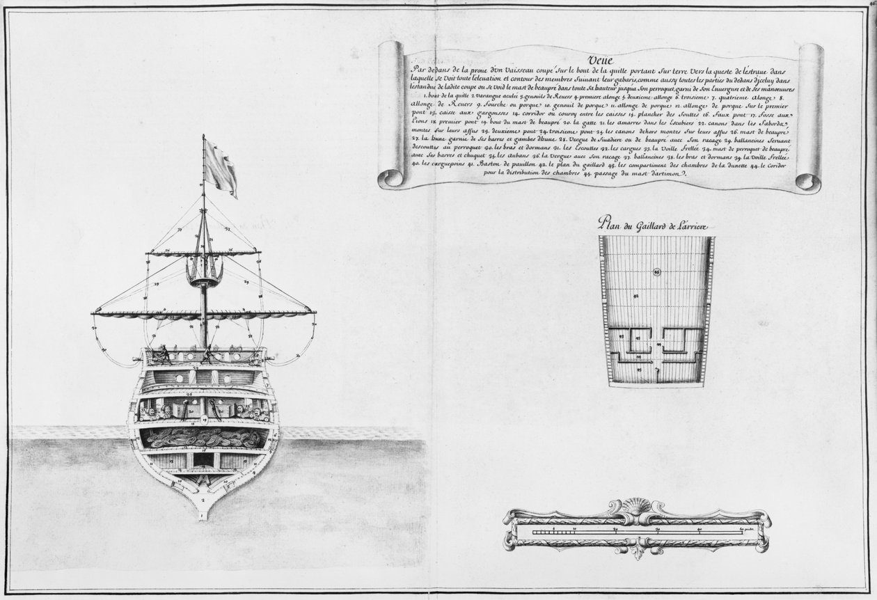 Wewnętrzny dziób statku, ilustracja z Atlasu de Colbert, tablica 46 autorstwa French School