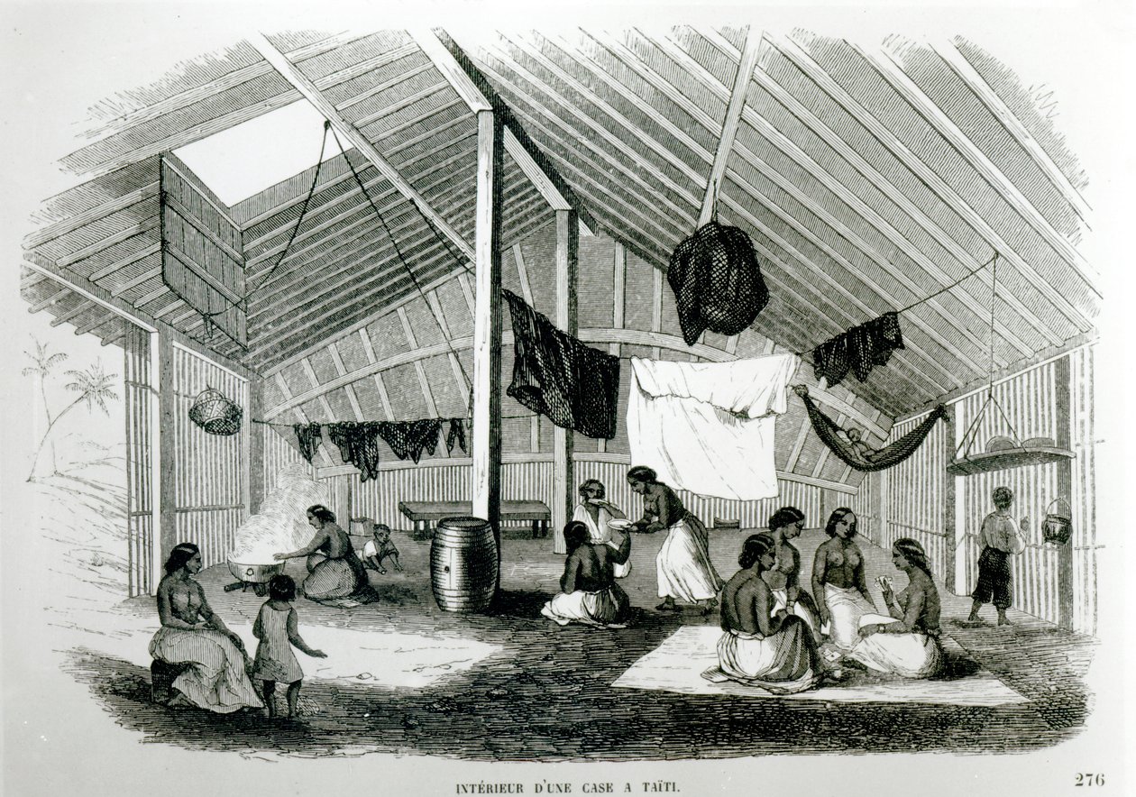 Wewnątrz chaty tahitańskiej, z „Voyages dans Les Deux Oceans”, Eugene Delessert, 1848 autorstwa French School