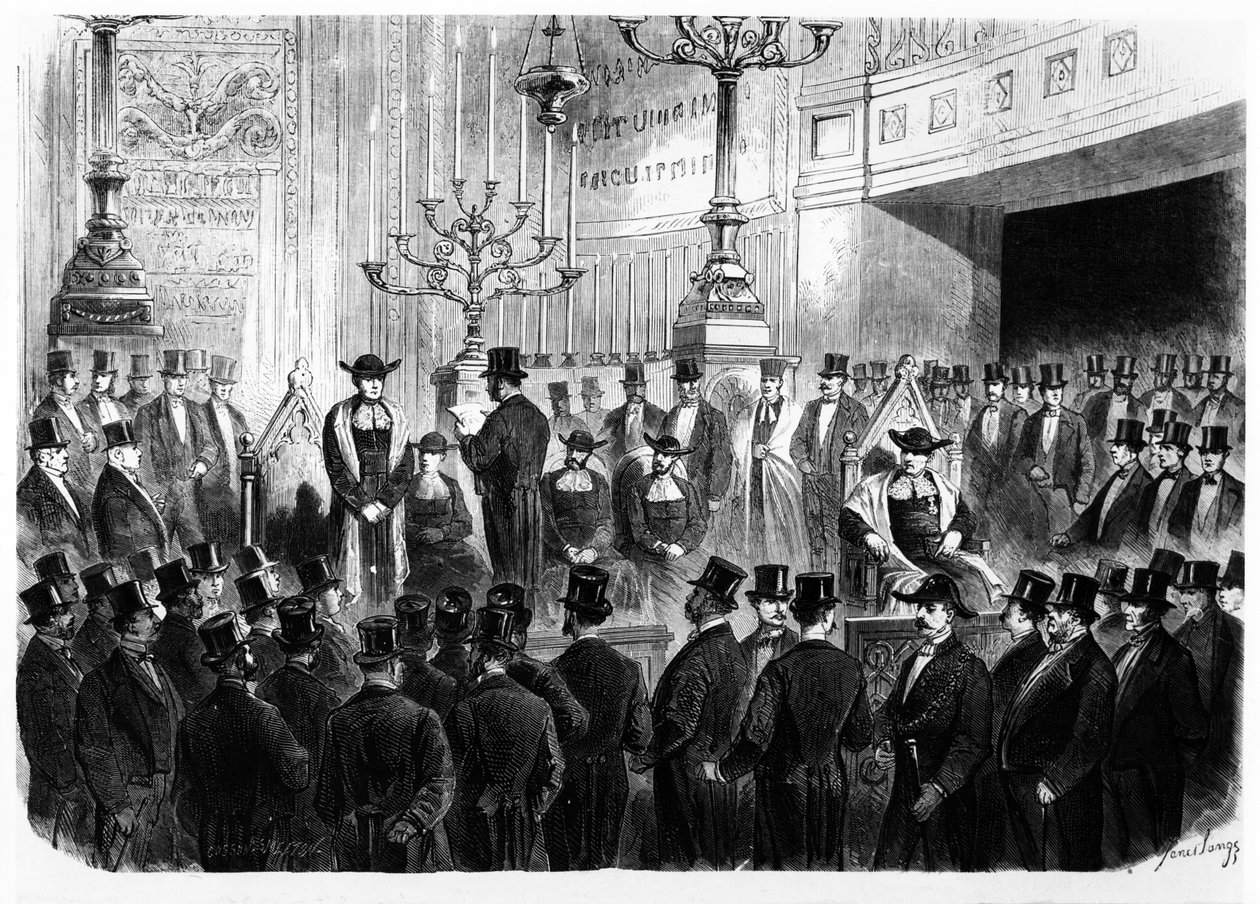Ustanowienie Lazarda Isidora jako naczelnego rabina Francji w 1867 r. w synagodze przy Rue Notre-Dame-de-Nazareth w Paryżu autorstwa French School