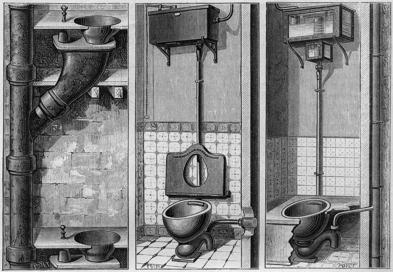 Montaż trzech komór: (od lewej do prawej:) szafy niesanitarnej, szafy sanitarnej ze zbiornikiem myśliwskim i aparatem syfonowym i wentylacyjnym bez mechaniki. Grawer w „” La Nature. Revue des sciences et de ses applications aux arts et a l