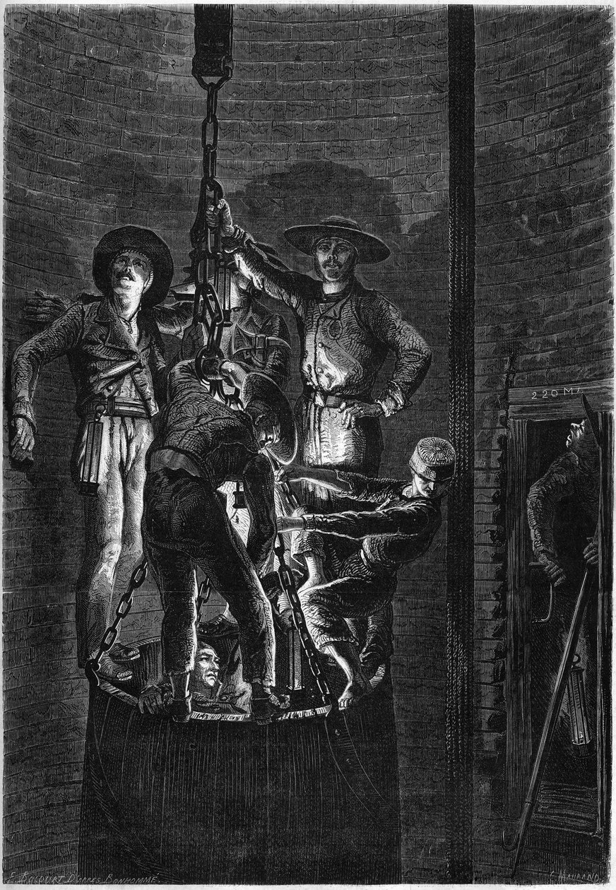 Wygląd wnętrza studni kopalnianej: wejście na śmietnik. 1861. Grawer w „”Le Monde Illustré””n°238 z 2 listopada autorstwa French School