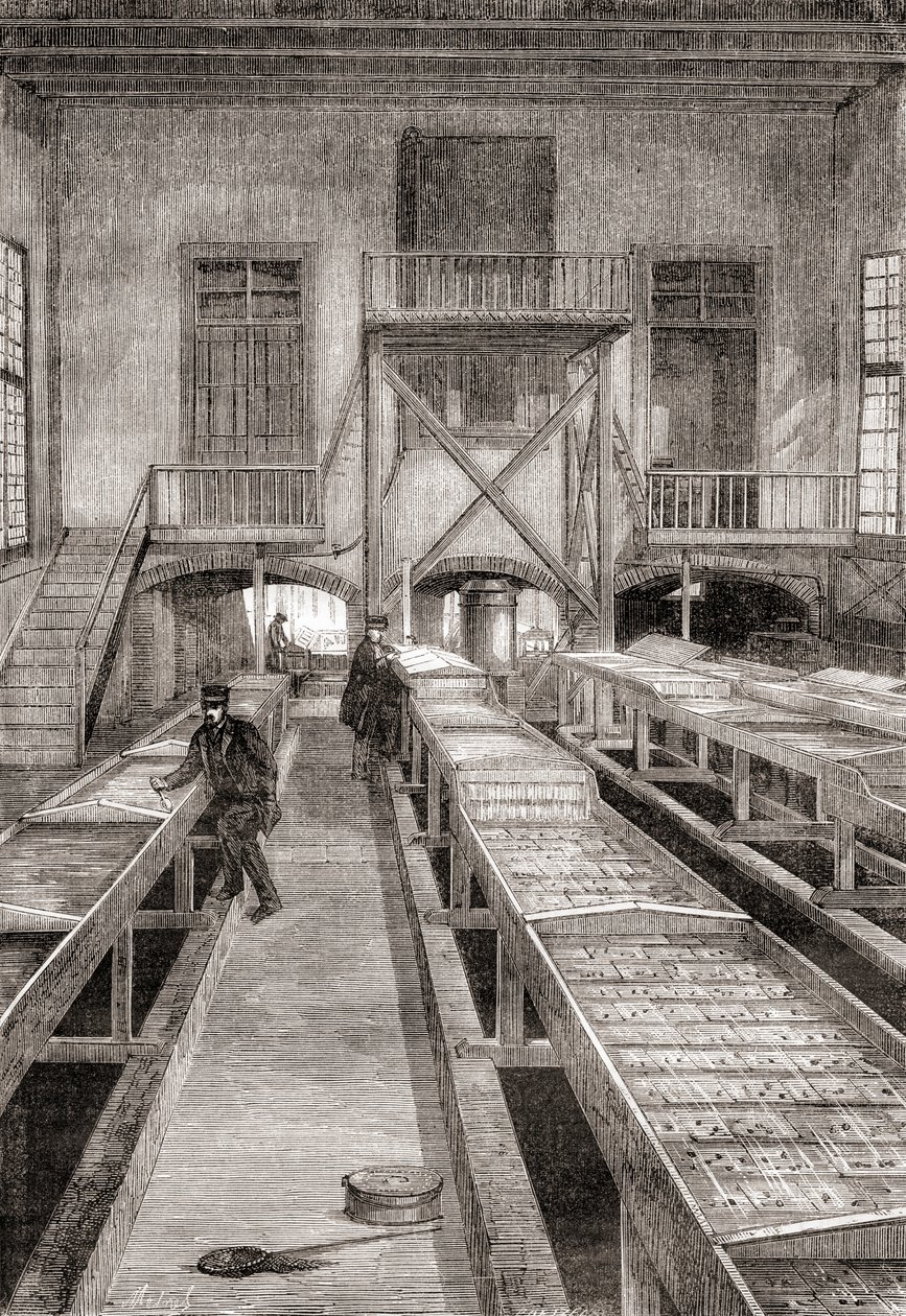 Wnętrze XIX-wiecznej farmy rybnej w Huningue we Francji, z Les Merveilles de la Science, wydane ok. 1870 (rycina) autorstwa French School