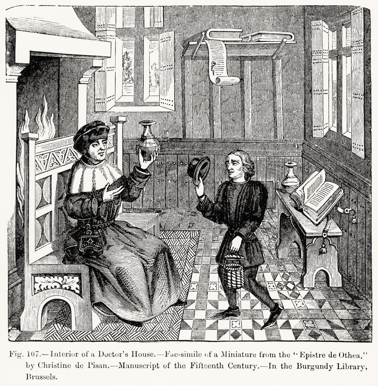 Wnętrze Domu Lekarzy, z Epistre dOthea Christine de Pisan, ilustracja z Nauki i literatury w średniowieczu i renesansie, napisana i rytowana przez Paula Lacroix, 1878 (engravi autorstwa French School