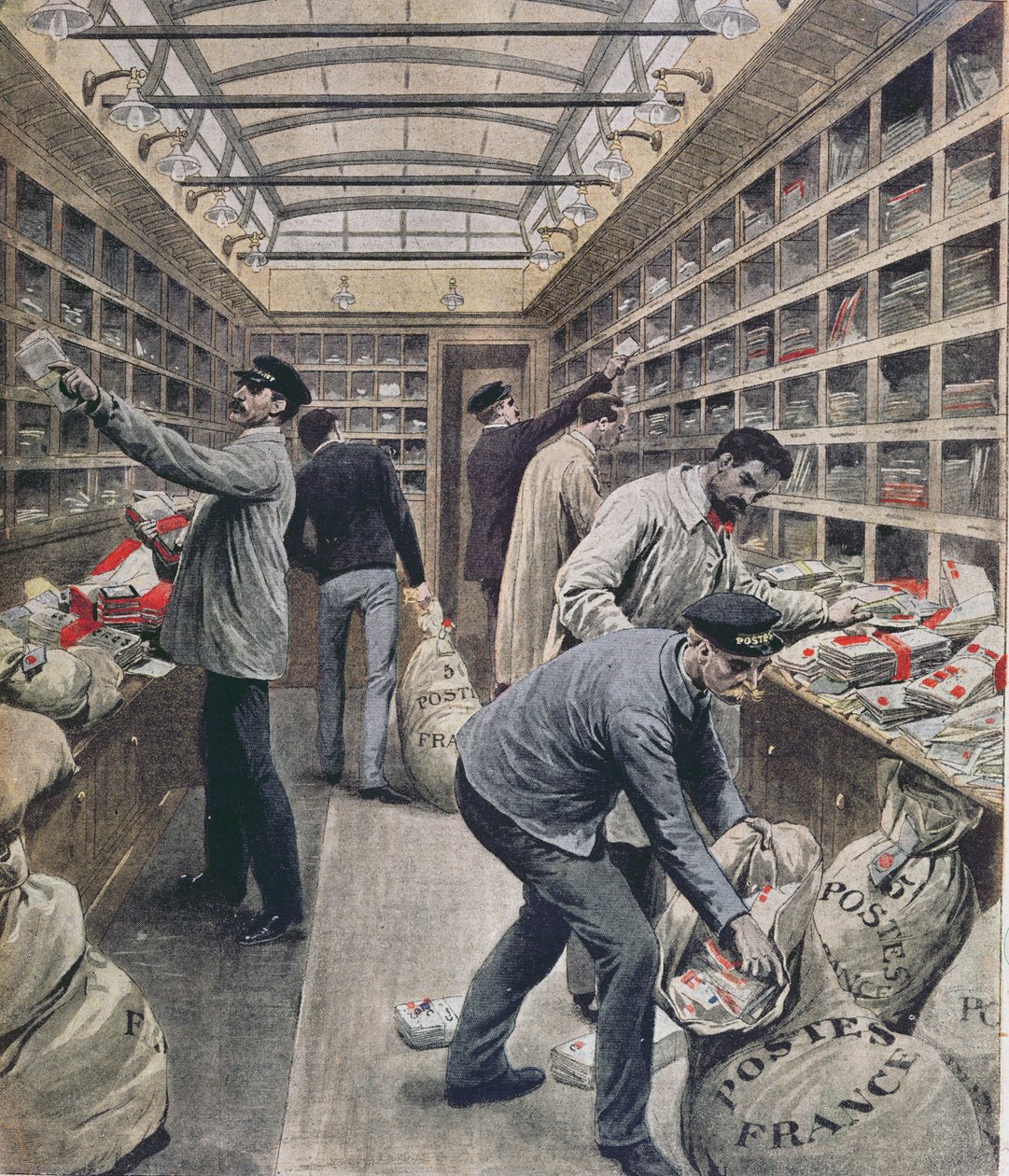 Wnętrze francuskiego wagonu pocztowego w czasie strajku poczty francuskiej w 1909 r., ilustracja z Le Petit Journal, 28 marca 1909 r. autorstwa French School