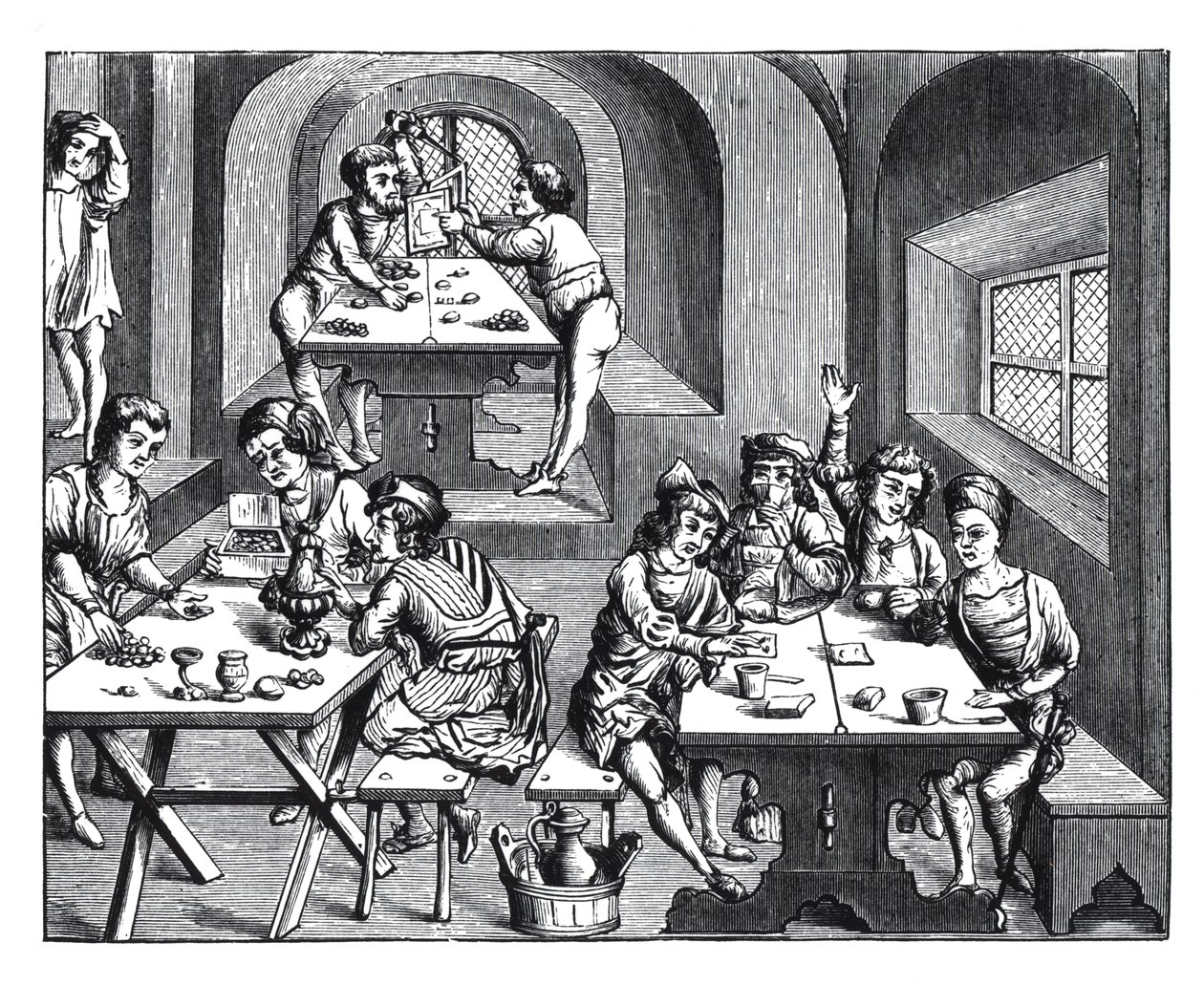 Wnętrze zajazdu, według drzeworytu w foliowym wydaniu Wergiliusza, wydanego Lyons, 1517 autorstwa French School