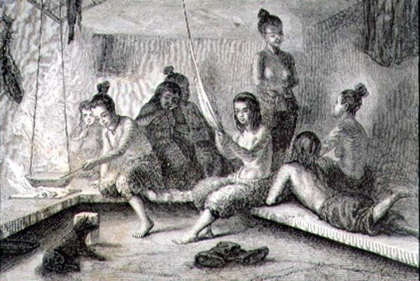 Wnętrze chaty eskimoskiej w latach 60. XIX wieku (rycina) autorstwa French School