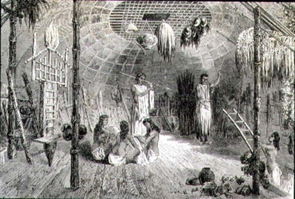 Wnętrze chaty indyjskiej w latach 60. XIX wieku (rycina) autorstwa French School