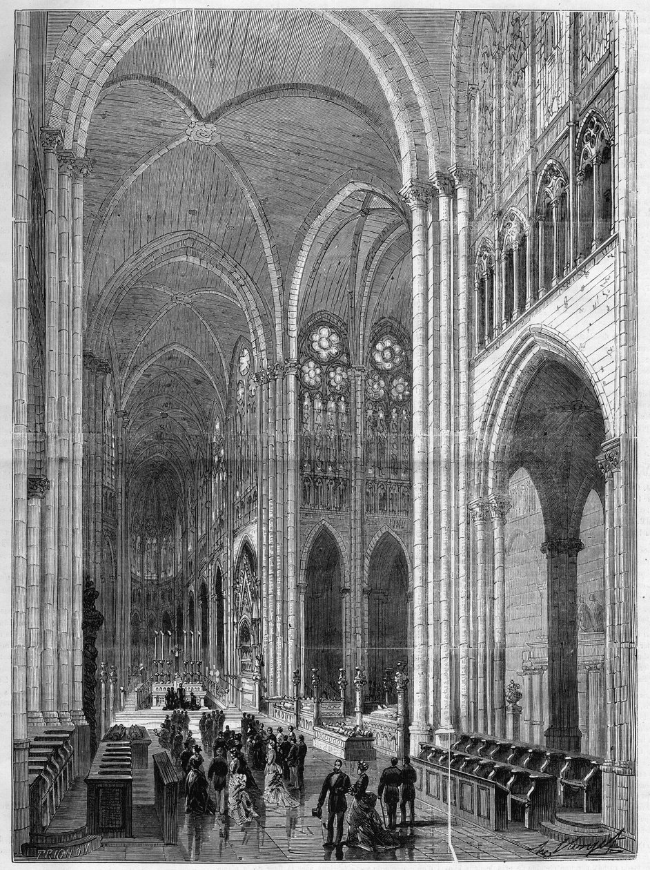 Wnętrze bazyliki Saint Denis (Saint Denis) odrestaurowane według planów Eugeniusza Viollet-le-Duc (Viollet le Duc) (1814-1879). Grawerowanie w „Wspaniałym Wszechświecie” autorstwa French School